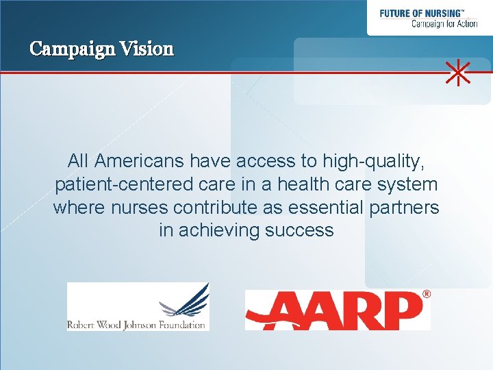 Campaign Vision All Americans have access to high-quality, patient-centered care in a health care