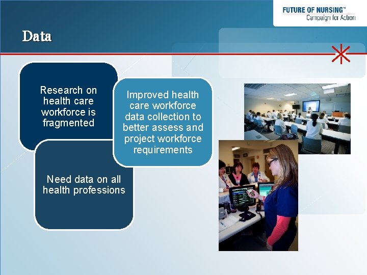 Data Research on health care workforce is fragmented Improved health care workforce data collection