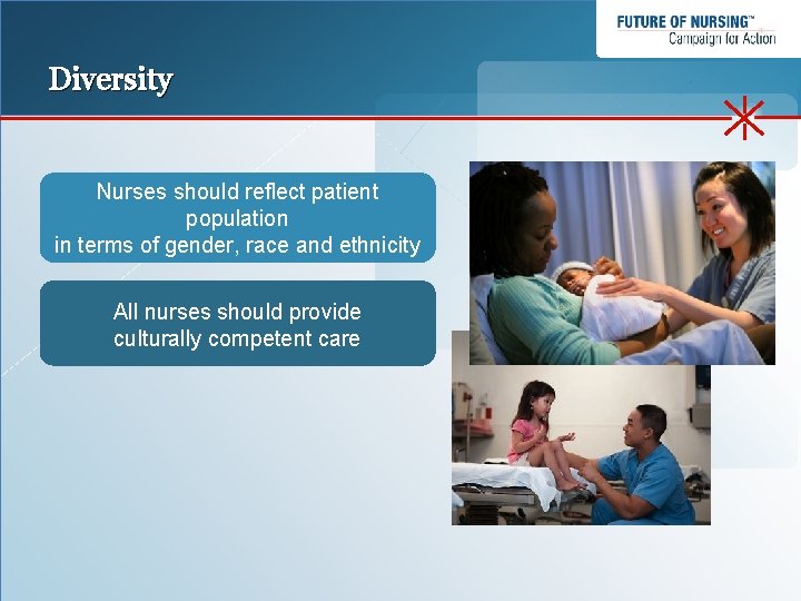 Diversity Nurses should reflect patient population in terms of gender, race and ethnicity All