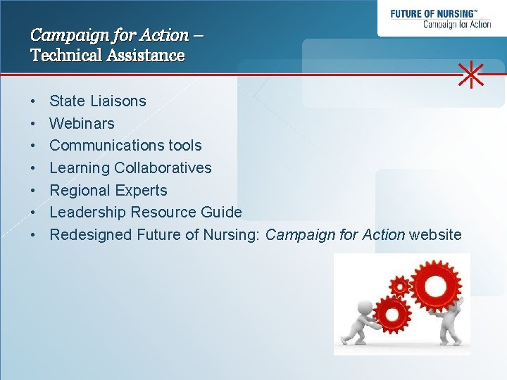 Campaign for Action – Technical Assistance • • State Liaisons Webinars Communications tools Learning