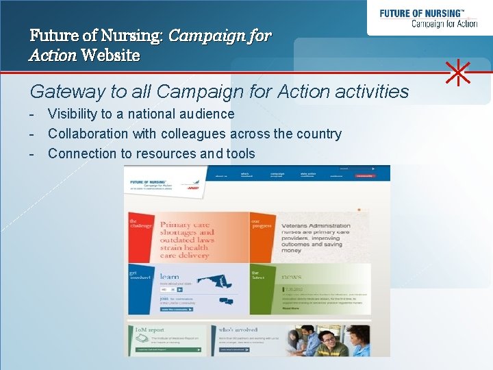 Future of Nursing: Campaign for Action Website Gateway to all Campaign for Action activities