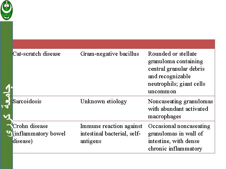 Gram-negative bacillus Rounded or stellate granuloma containing central granular debris and recognizable neutrophils; giant