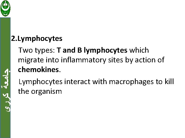  ﺟﺎﻣﻌﺔ ﻛﺮﺭﻱ 2. Lymphocytes Two types: T and B lymphocytes which migrate into