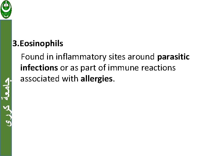  ﺟﺎﻣﻌﺔ ﻛﺮﺭﻱ 3. Eosinophils Found in inflammatory sites around parasitic infections or as