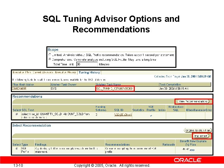 SQL Tuning Advisor Options and Recommendations 13 -10 Copyright © 2005, Oracle. All rights