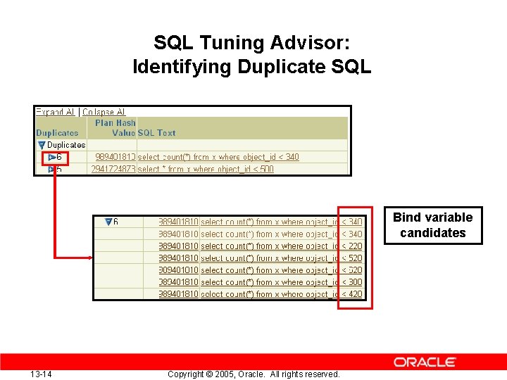 SQL Tuning Advisor: Identifying Duplicate SQL Bind variable candidates 13 -14 Copyright © 2005,