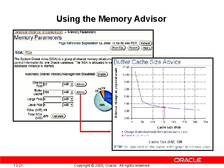 Using the Memory Advisor 13 -21 Copyright © 2005, Oracle. All rights reserved. 