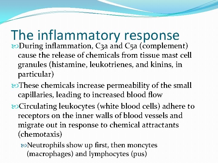 The inflammatory response During inflammation, C 3 a and C 5 a (complement) cause