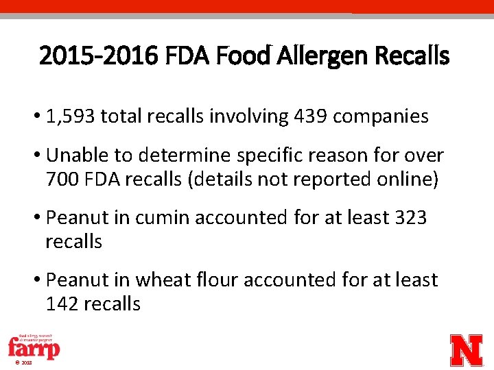 2015 -2016 FDA Food Allergen Recalls • 1, 593 total recalls involving 439 companies 2015 -2016 FDA Food Allergen Recalls • 1, 593 total recalls involving 439 companies
