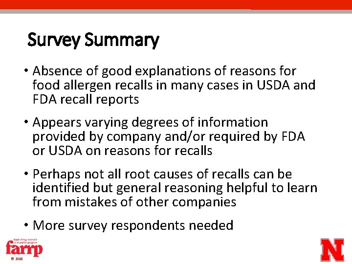 Survey Summary • Absence of good explanations of reasons for food allergen recalls in Survey Summary • Absence of good explanations of reasons for food allergen recalls in