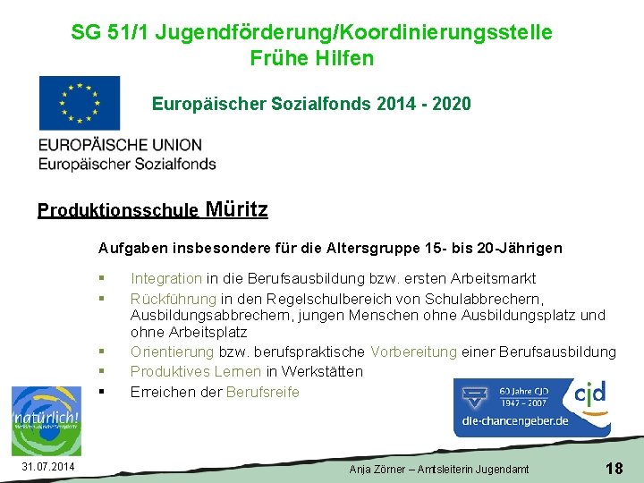 SG 51/1 Jugendförderung/Koordinierungsstelle Frühe Hilfen Europäischer Sozialfonds 2014 - 2020 Produktionsschule Müritz Aufgaben insbesondere
