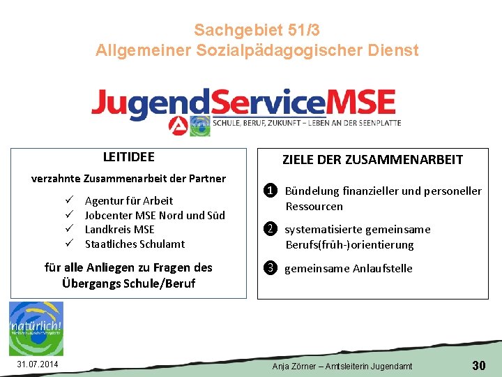 Sachgebiet 51/3 Allgemeiner Sozialpädagogischer Dienst LEITIDEE verzahnte Zusammenarbeit der Partner ü ü Agentur für