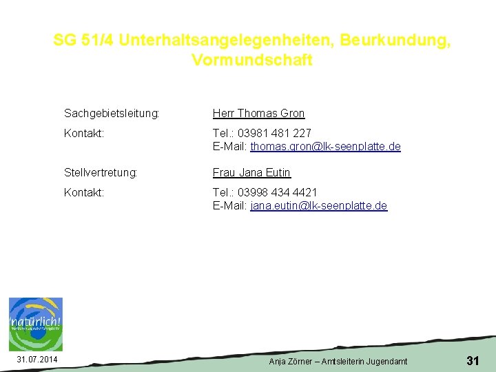 SG 51/4 Unterhaltsangelegenheiten, Beurkundung, Vormundschaft 31. 07. 2014 Sachgebietsleitung: Herr Thomas Gron Kontakt: Tel.