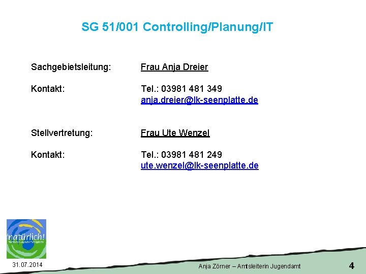 SG 51/001 Controlling/Planung/IT Sachgebietsleitung: Frau Anja Dreier Kontakt: Tel. : 03981 481 349 anja.