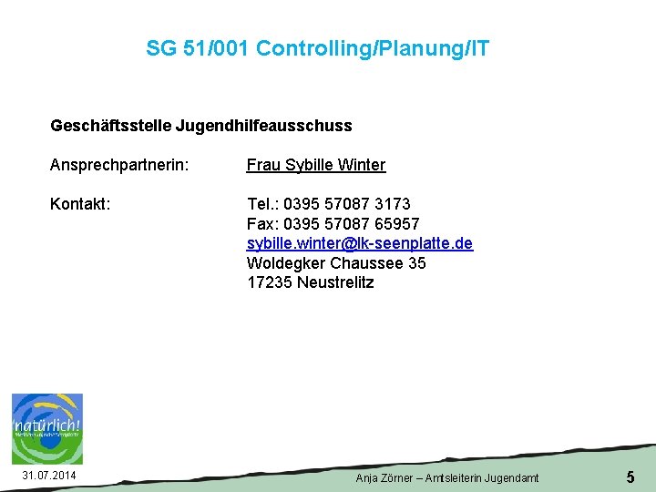 SG 51/001 Controlling/Planung/IT Geschäftsstelle Jugendhilfeausschuss Ansprechpartnerin: Frau Sybille Winter Kontakt: Tel. : 0395 57087