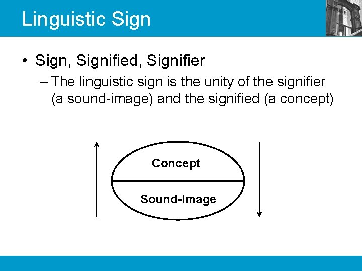 Linguistic Sign • Sign, Signified, Signifier – The linguistic sign is the unity of