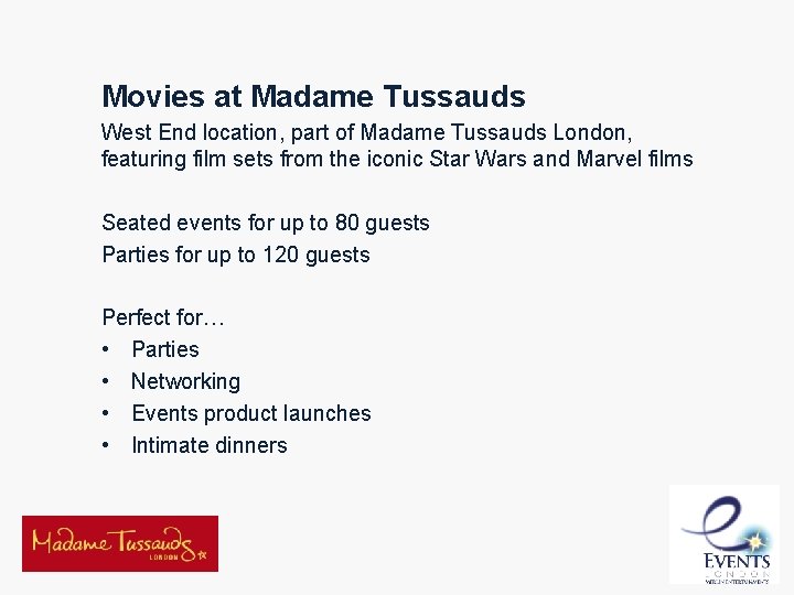 Movies at Madame Tussauds West End location, part of Madame Tussauds London, featuring film