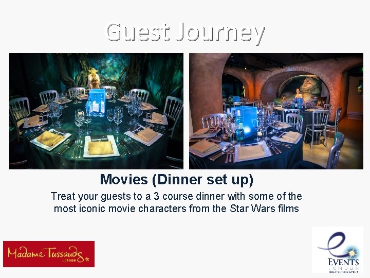 Guest Journey Movies (Dinner set up) Treat your guests to a 3 course dinner