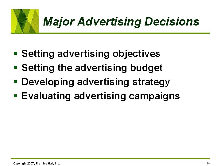 Major Advertising Decisions § § Setting advertising objectives Setting the advertising budget Developing advertising