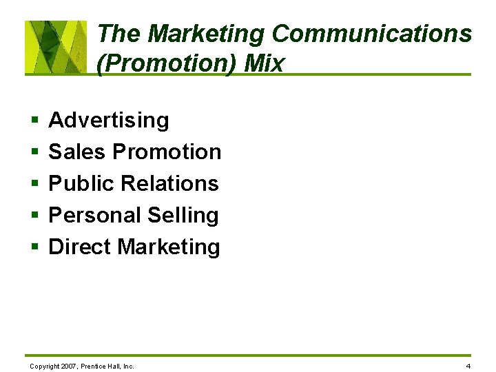 The Marketing Communications (Promotion) Mix § § § Advertising Sales Promotion Public Relations Personal