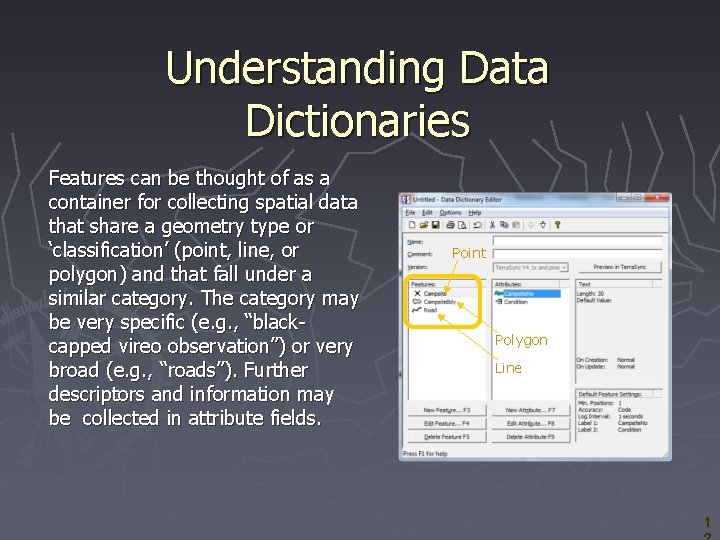 Understanding Data Dictionaries Features can be thought of as a container for collecting spatial