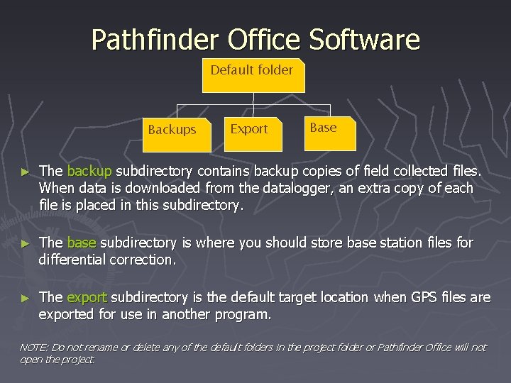Pathfinder Office Software Default folder Backups Export Base ► The backup subdirectory contains backup