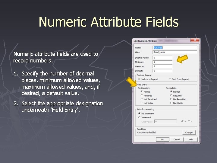 Numeric Attribute Fields Numeric attribute fields are used to record numbers. 1. Specify the