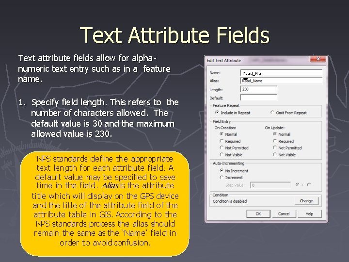 Text Attribute Fields Text attribute fields allow for alphanumeric text entry such as in