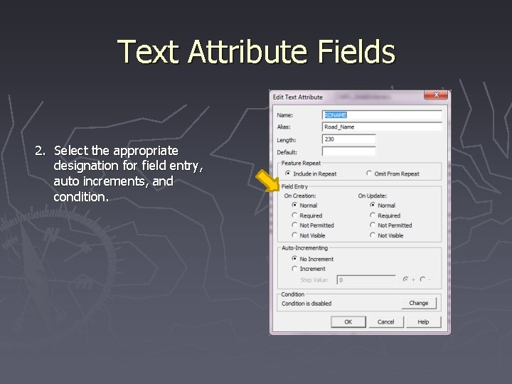 Text Attribute Fields 2. Select the appropriate designation for field entry, auto increments, and