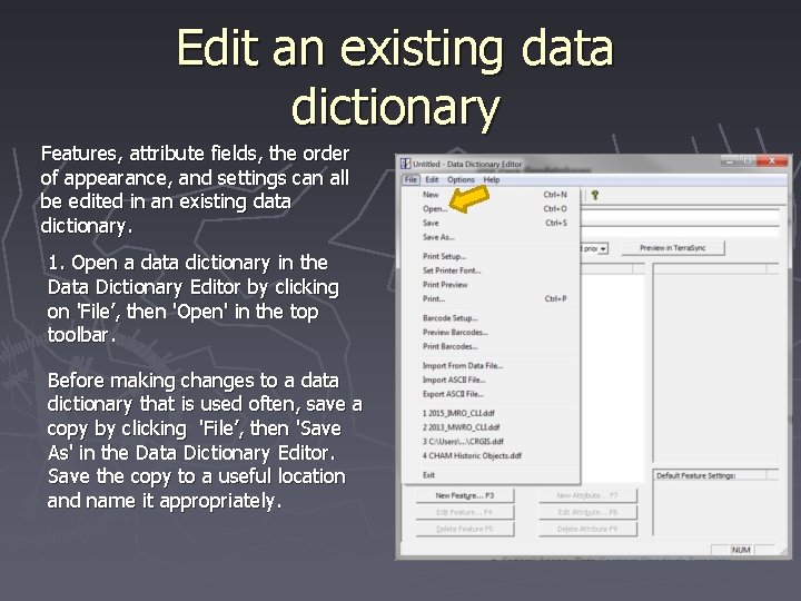 Edit an existing data dictionary Features, attribute fields, the order of appearance, and settings