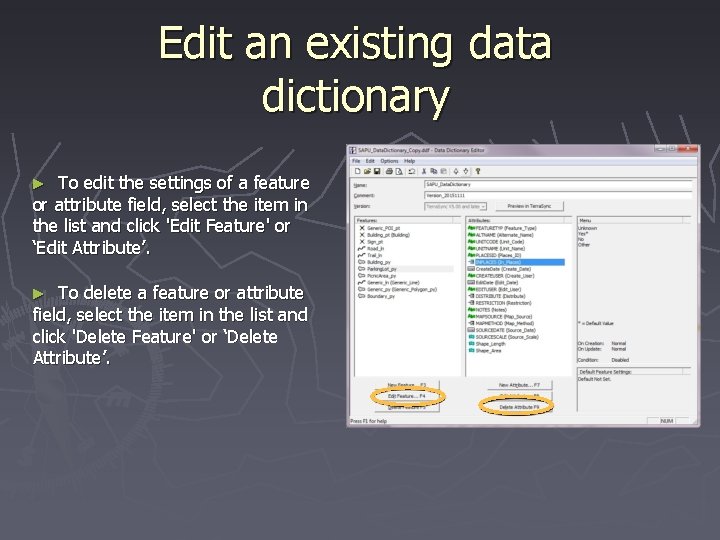 Edit an existing data dictionary To edit the settings of a feature or attribute