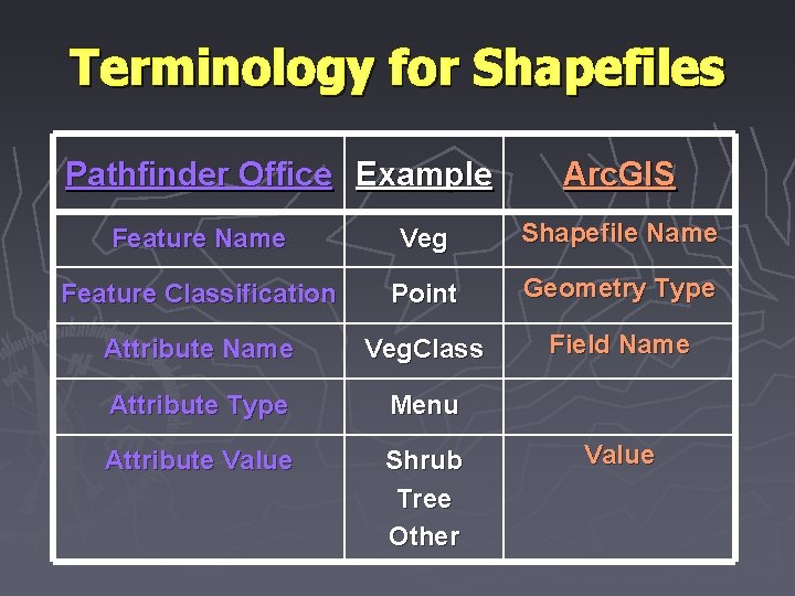 Terminology for Shapefiles Pathfinder Office Example Arc. GIS Feature Name Veg Shapefile Name Feature
