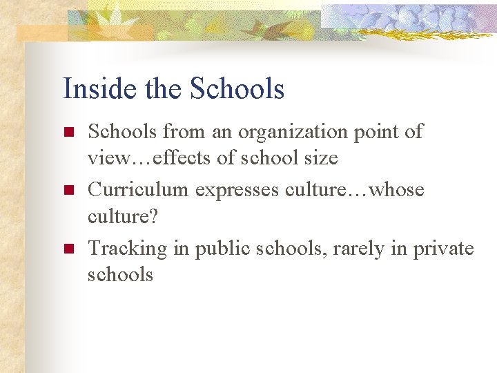 Inside the Schools n n n Schools from an organization point of view…effects of