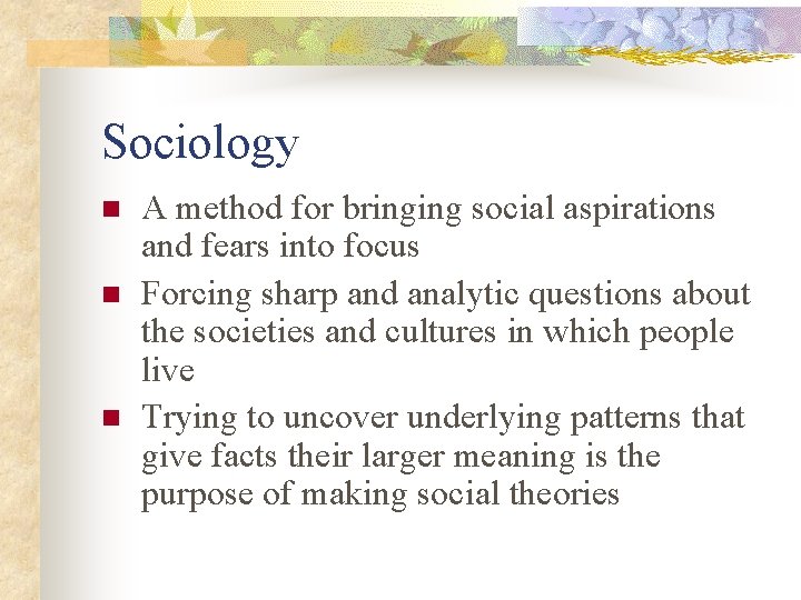 Sociology n n n A method for bringing social aspirations and fears into focus