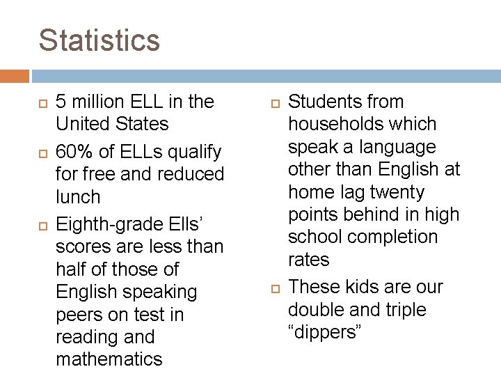 Statistics 5 million ELL in the United States 60% of ELLs qualify for free