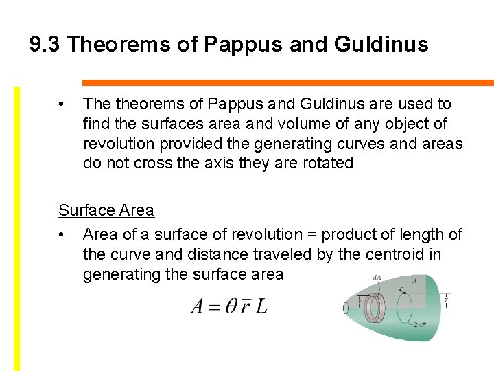 9. 3 Theorems of Pappus and Guldinus • The theorems of Pappus and Guldinus