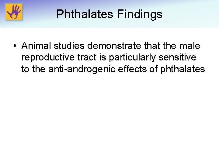 Phthalates Findings • Animal studies demonstrate that the male reproductive tract is particularly sensitive