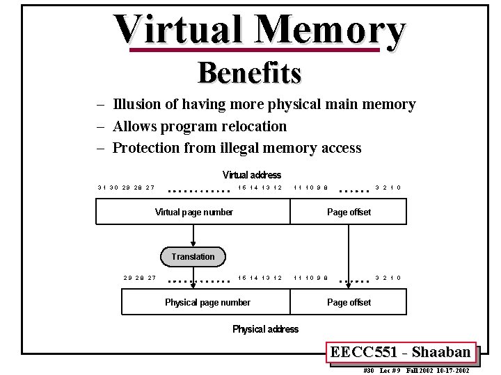 Virtual Memory Benefits – Illusion of having more physical main memory – Allows program