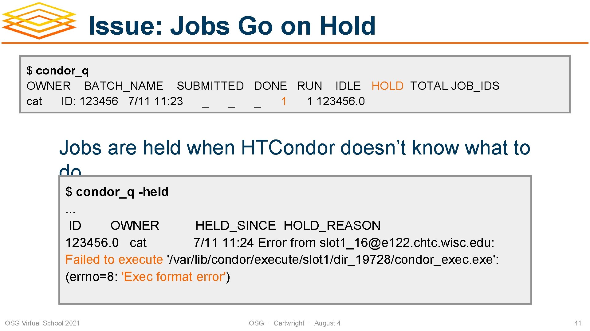 Issue: Jobs Go on Hold $ condor_q OWNER BATCH_NAME SUBMITTED DONE RUN IDLE HOLD