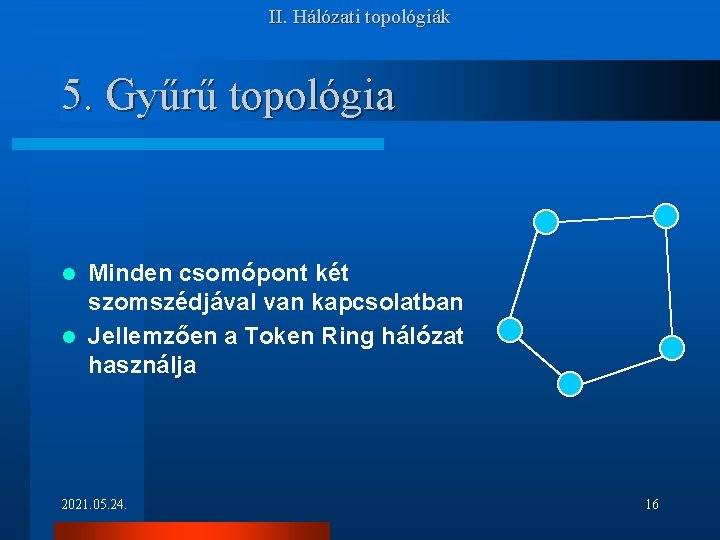 II. Hálózati topológiák 5. Gyűrű topológia Minden csomópont két szomszédjával van kapcsolatban l Jellemzően