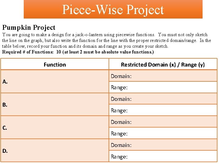 Piece-Wise Project Pumpkin Project You are going to make a design for a jack-o-lantern