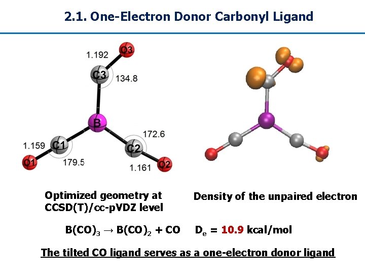 2. 1. One-Electron Donor Carbonyl Ligand Optimized geometry at CCSD(T)/cc-p. VDZ level B(CO)3 →