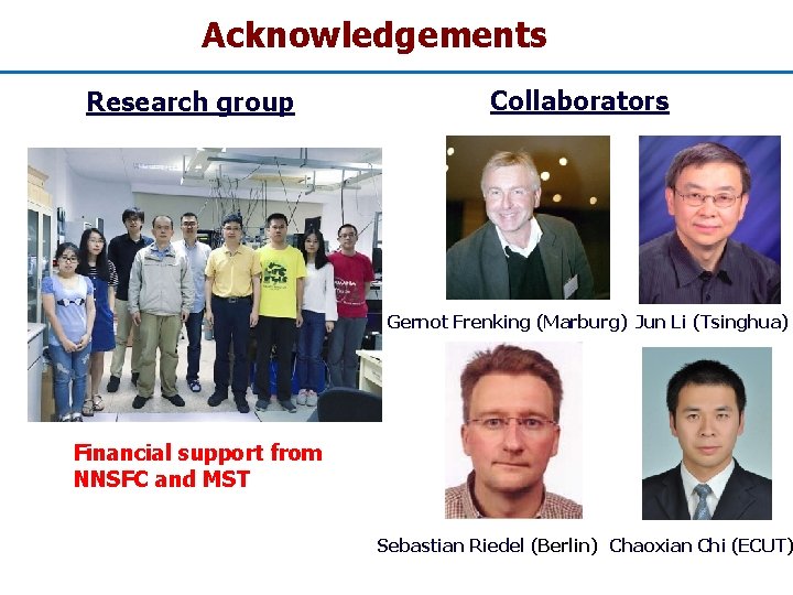 Acknowledgements Research group Collaborators Gernot Frenking (Marburg) Jun Li (Tsinghua) Financial support from NNSFC