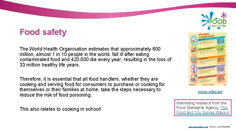 Food safety The World Health Organisation estimates that approximately 600 million, almost 1 in