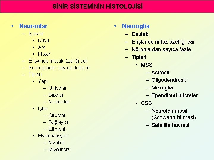 SİNİR SİSTEMİNİN HİSTOLOJİSİ • Neuronlar – İşlevler • Duyu • Ara • Motor –