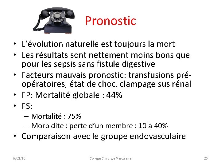 Pronostic • L’évolution naturelle est toujours la mort • Les résultats sont nettement moins Pronostic • L’évolution naturelle est toujours la mort • Les résultats sont nettement moins
