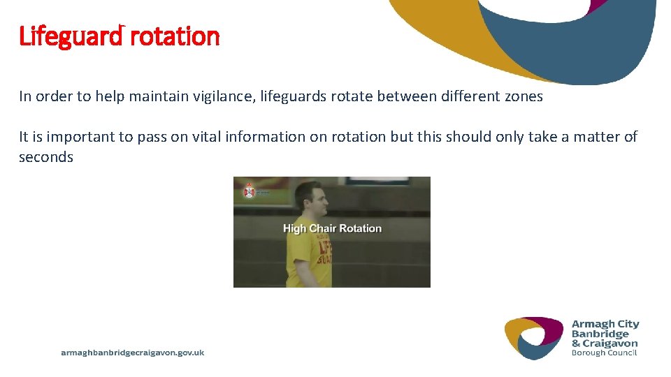Lifeguard rotation In order to help maintain vigilance, lifeguards rotate between different zones It