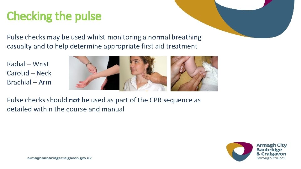 Checking the pulse Pulse checks may be used whilst monitoring a normal breathing casualty