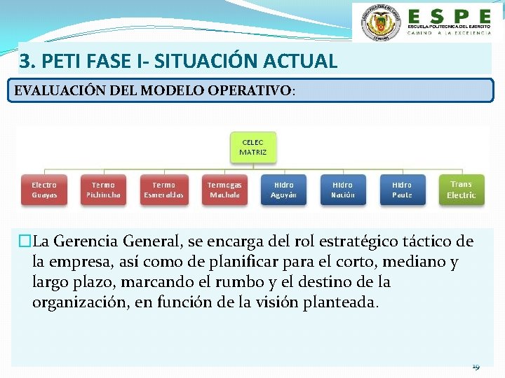 3. PETI FASE I- SITUACIÓN ACTUAL EVALUACIÓN DEL MODELO OPERATIVO: �La Gerencia General, se