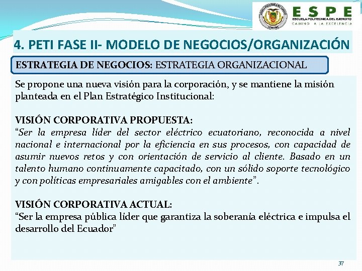 4. PETI FASE II- MODELO DE NEGOCIOS/ORGANIZACIÓN ESTRATEGIA DE NEGOCIOS: ESTRATEGIA ORGANIZACIONAL Se propone